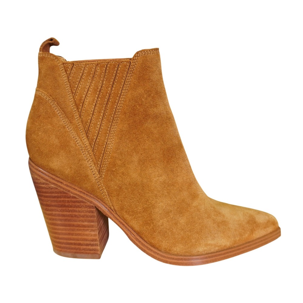Marc Fisher Gadri Bootie Women 8.5 Tan Suede Western Pointed Toe Block Heel